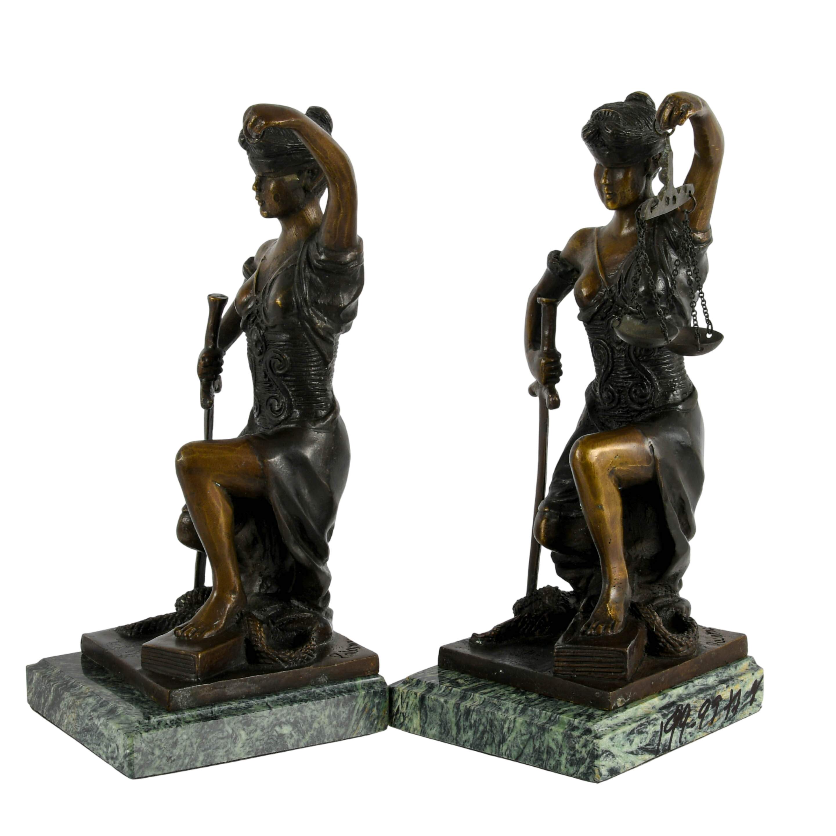Signed Pair of Bronze and Marble Lady Justice Bookends-2