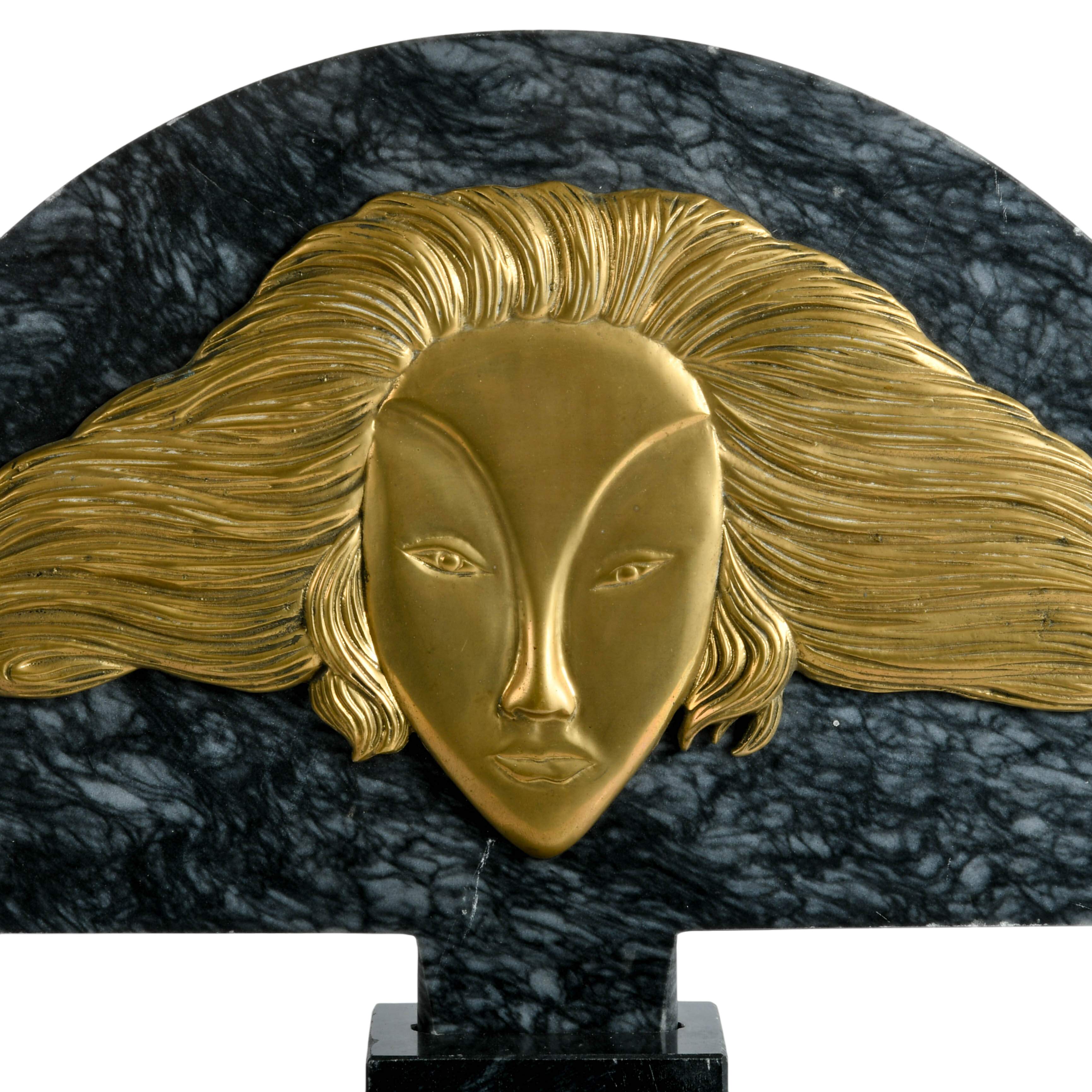 Fan Shape Marble and Brass Lady Sculpture-9