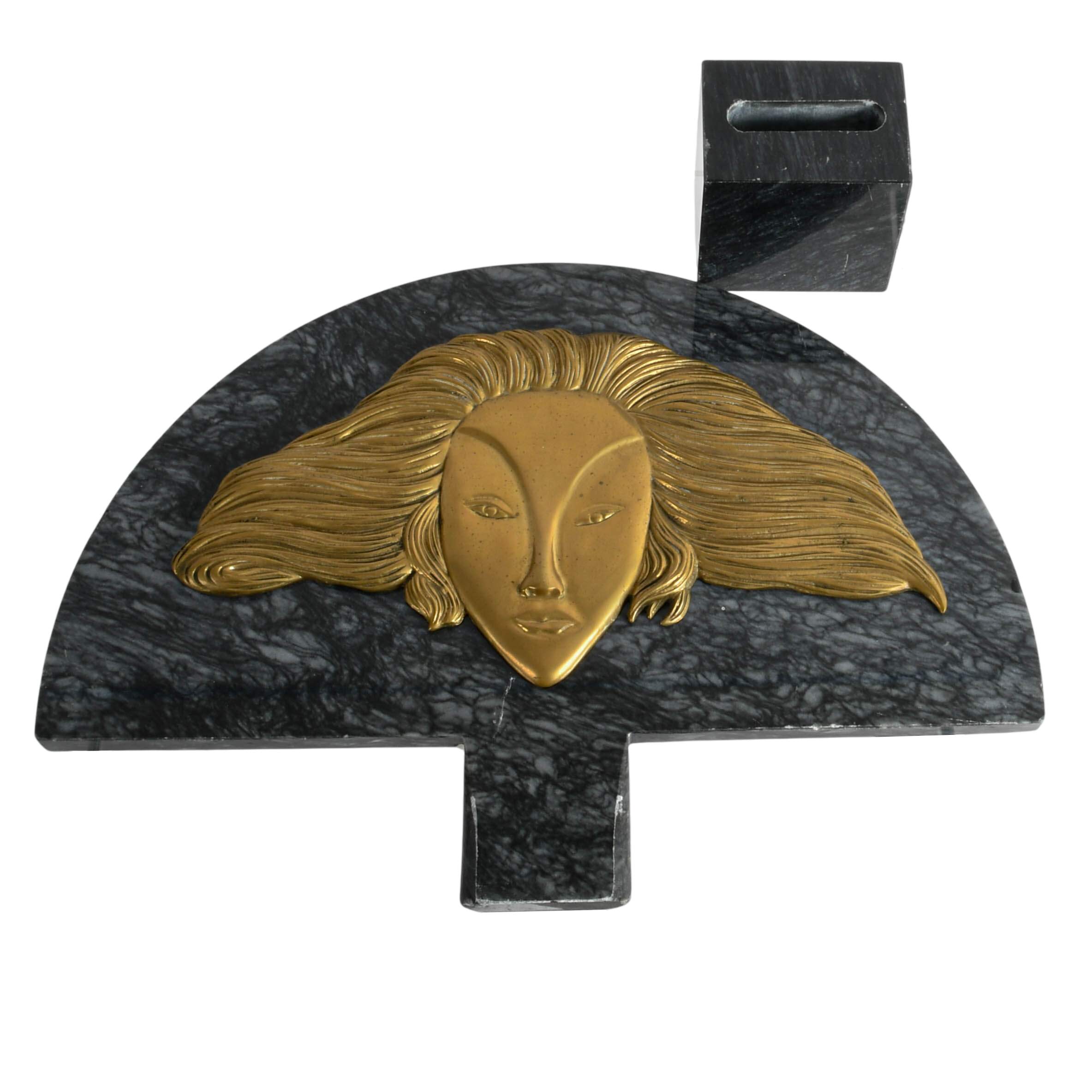 Fan Shape Marble and Brass Lady Sculpture-8