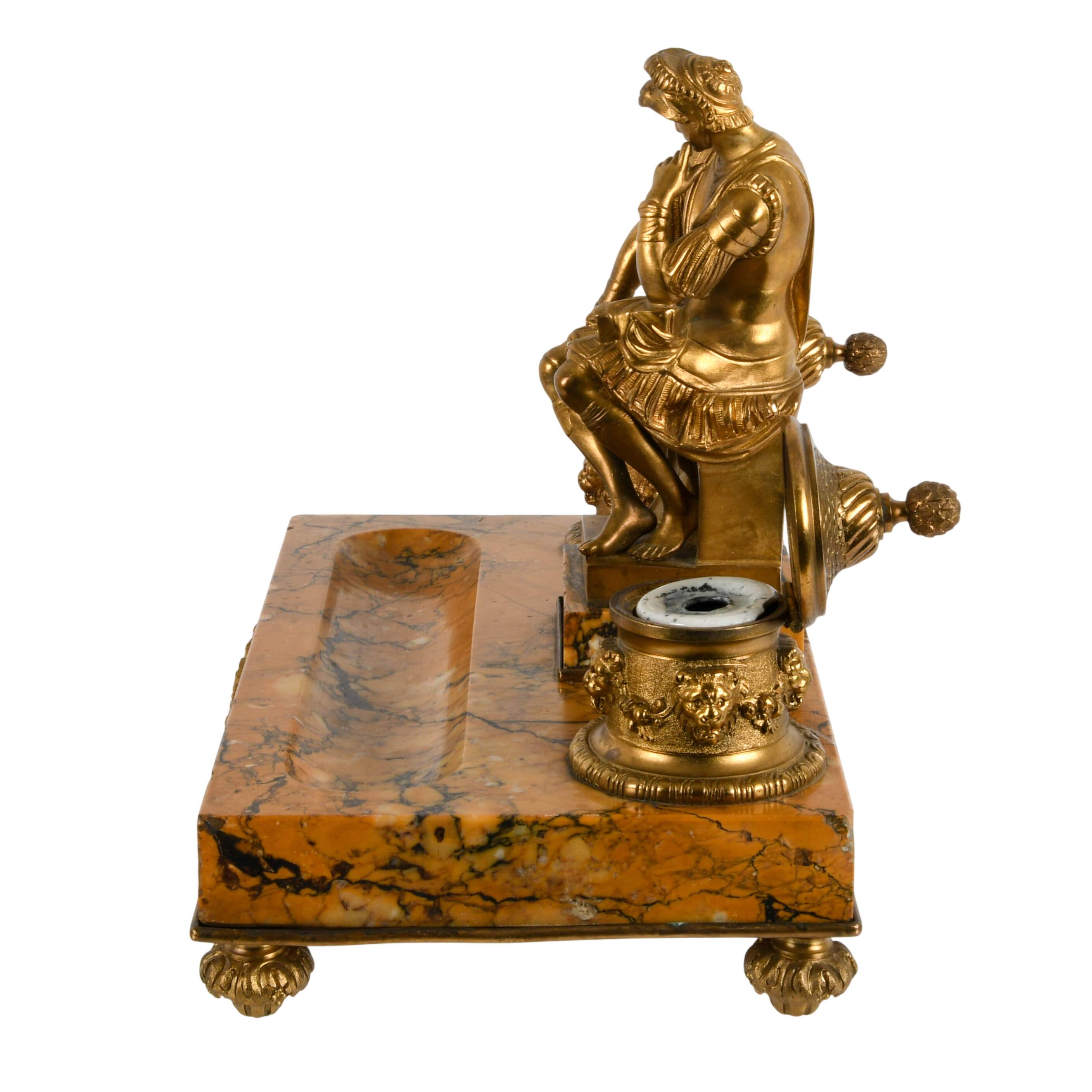 French Doré Bronze Figural Inkwell on Marble Base-4