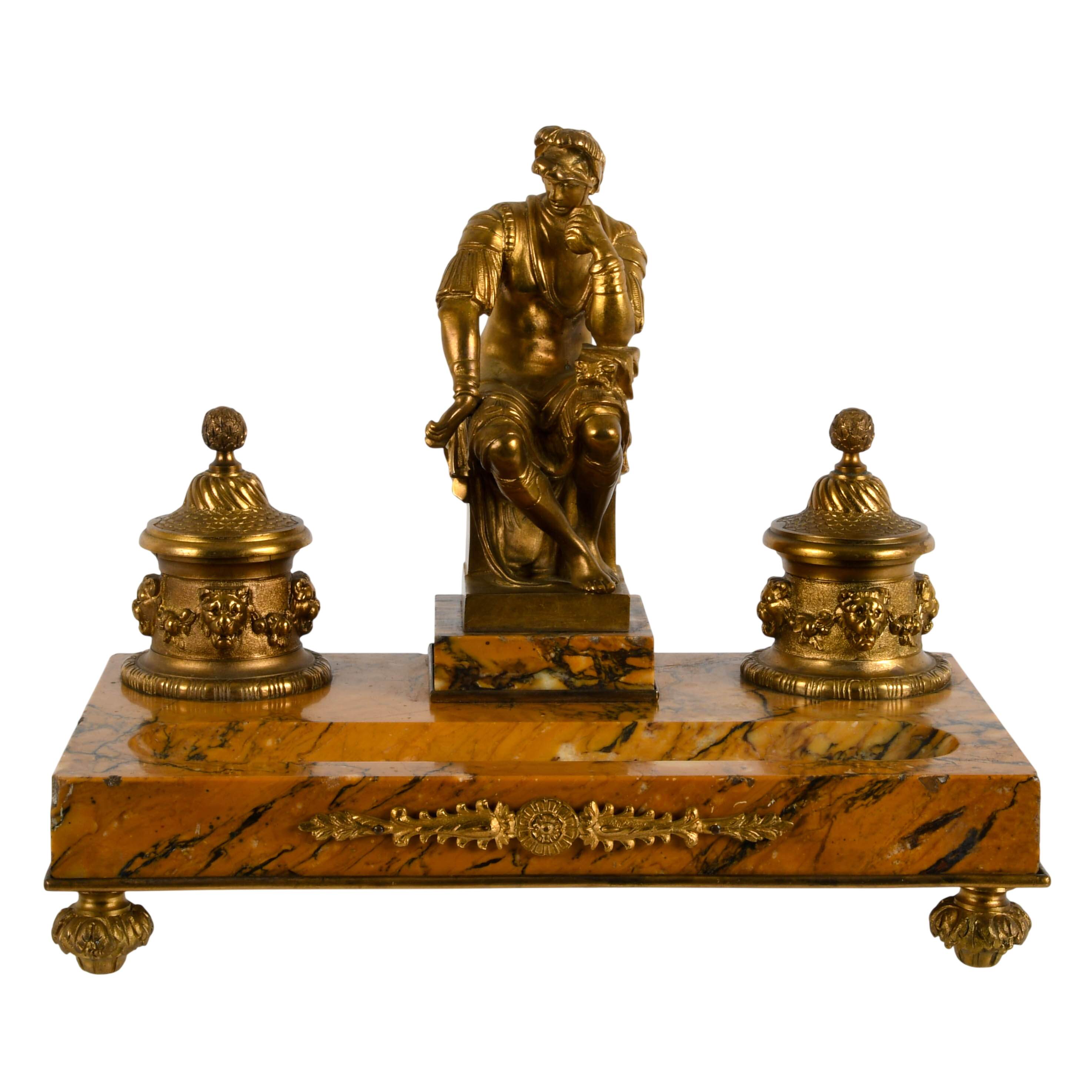 French Doré Bronze Figural Inkwell on Marble Base-1