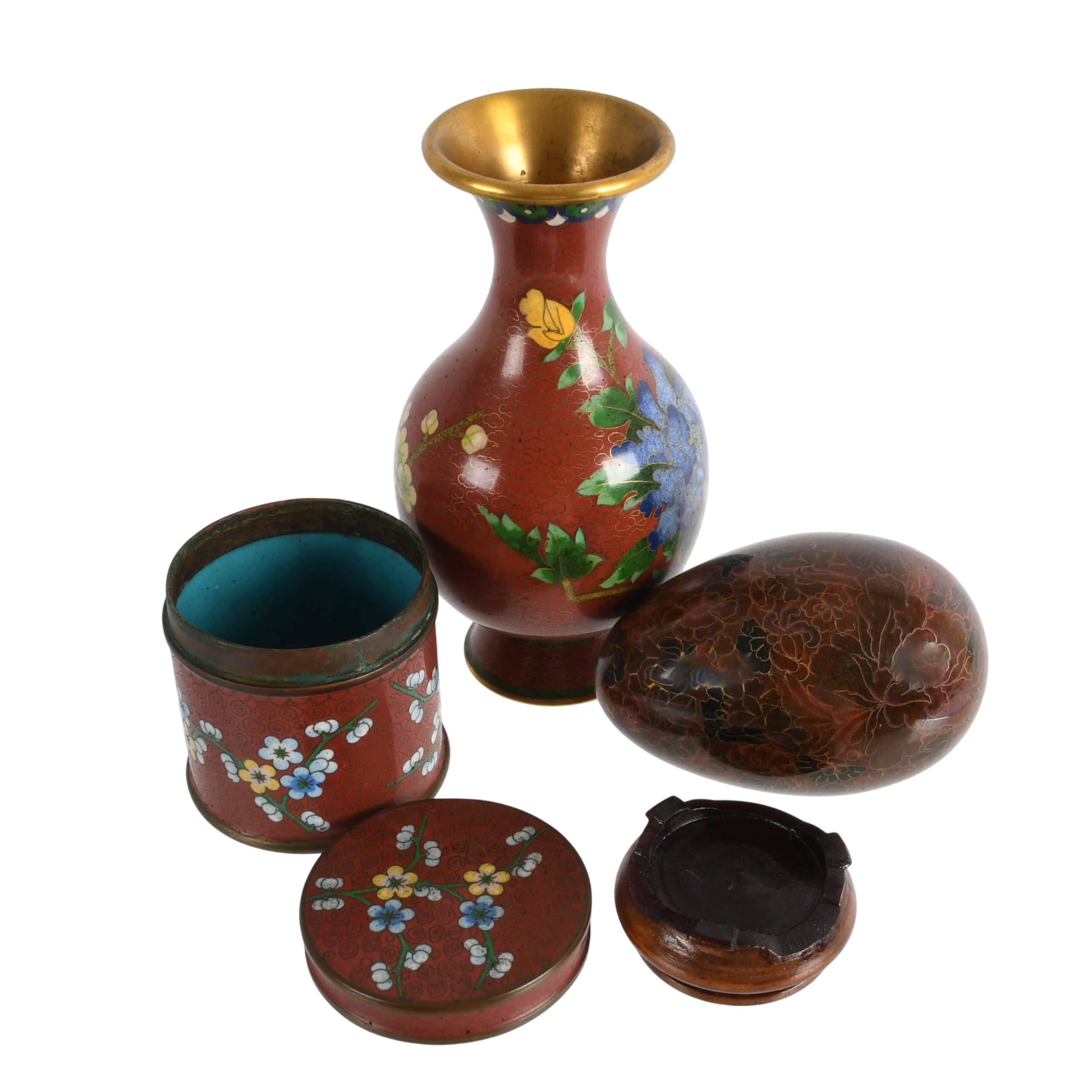 Three-Piece Chinese Cloisonné Red Floral Dresser Items-5