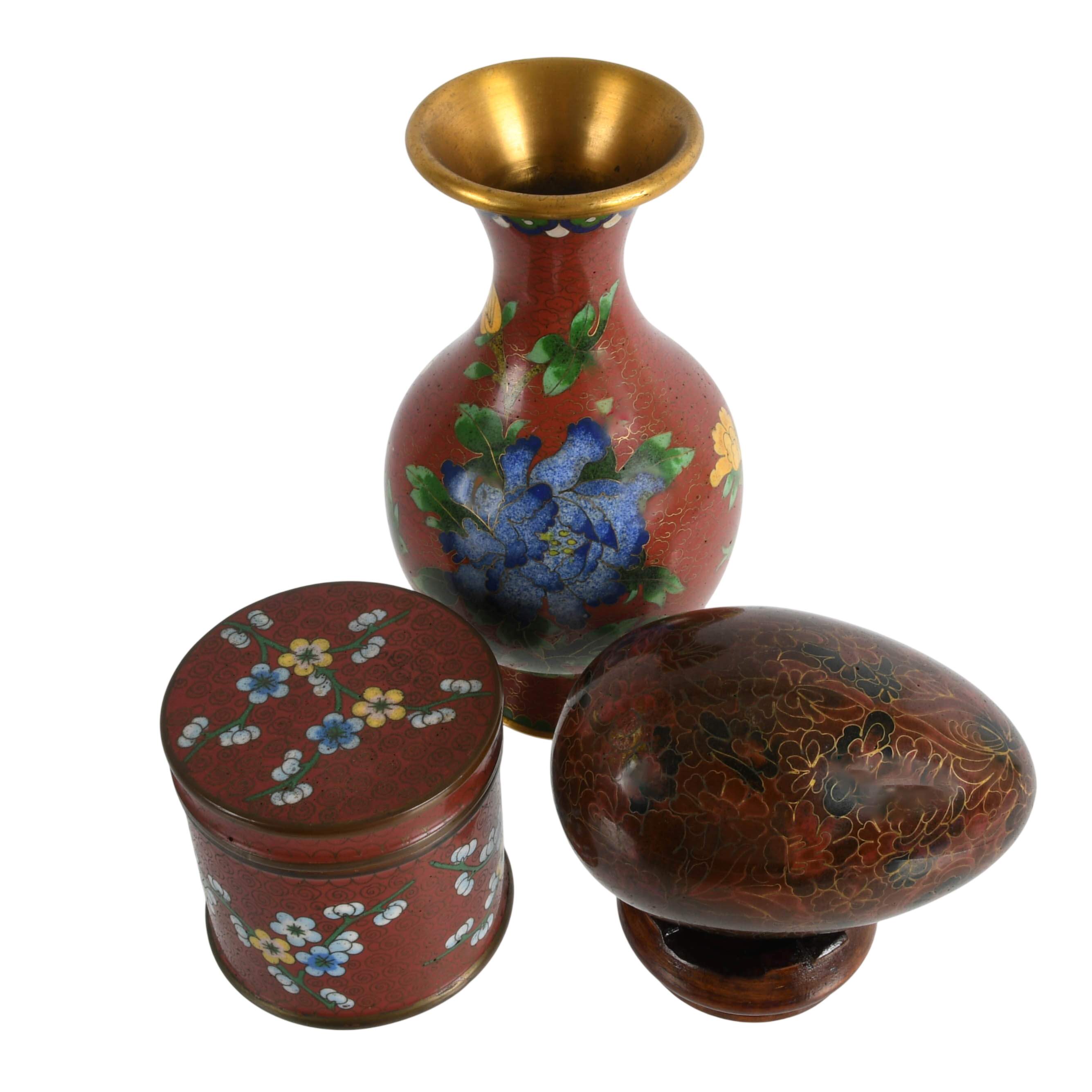 Three-Piece Chinese Cloisonné Red Floral Dresser Items-2