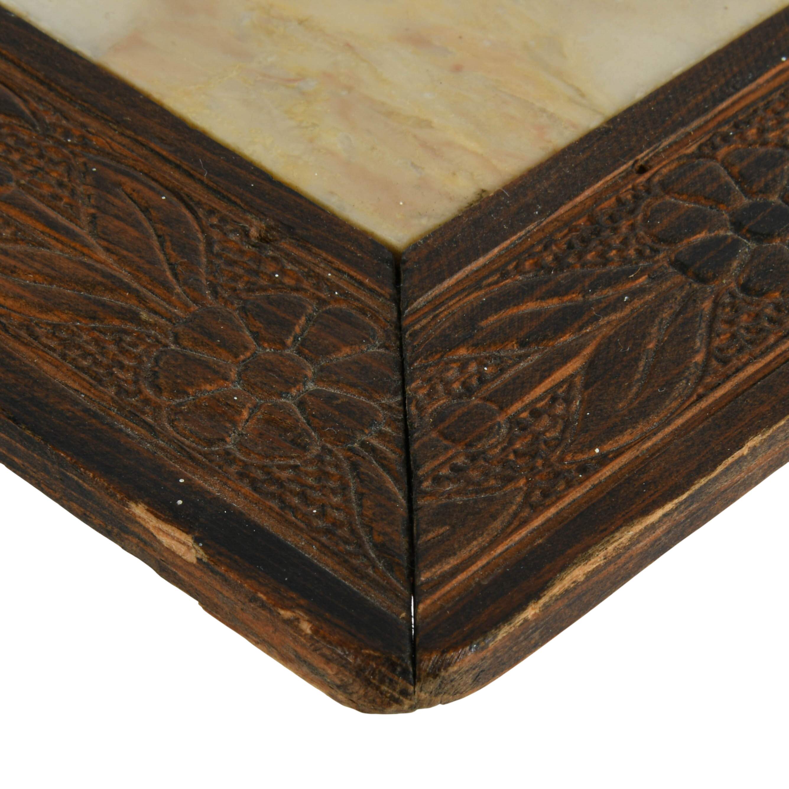 Antique Rectangular Wood and Marble Trivet-4