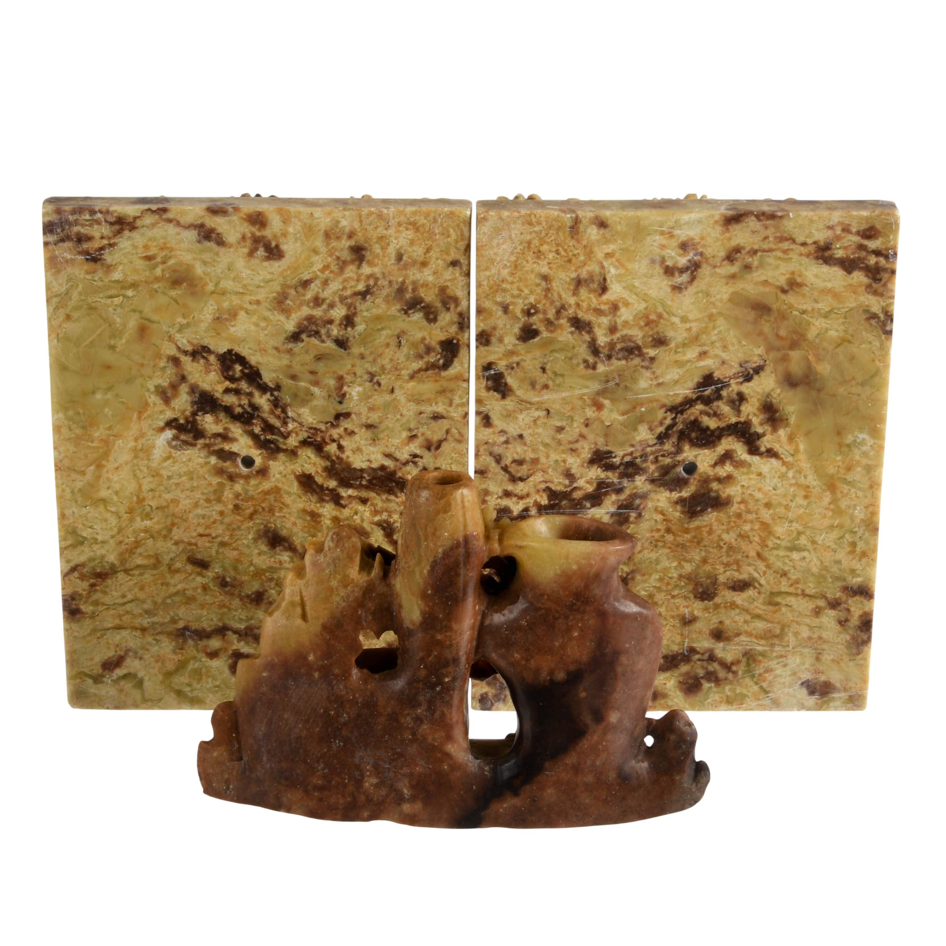 Set of Carved Chinese Soapstone Bookends and Vase Grouping-5