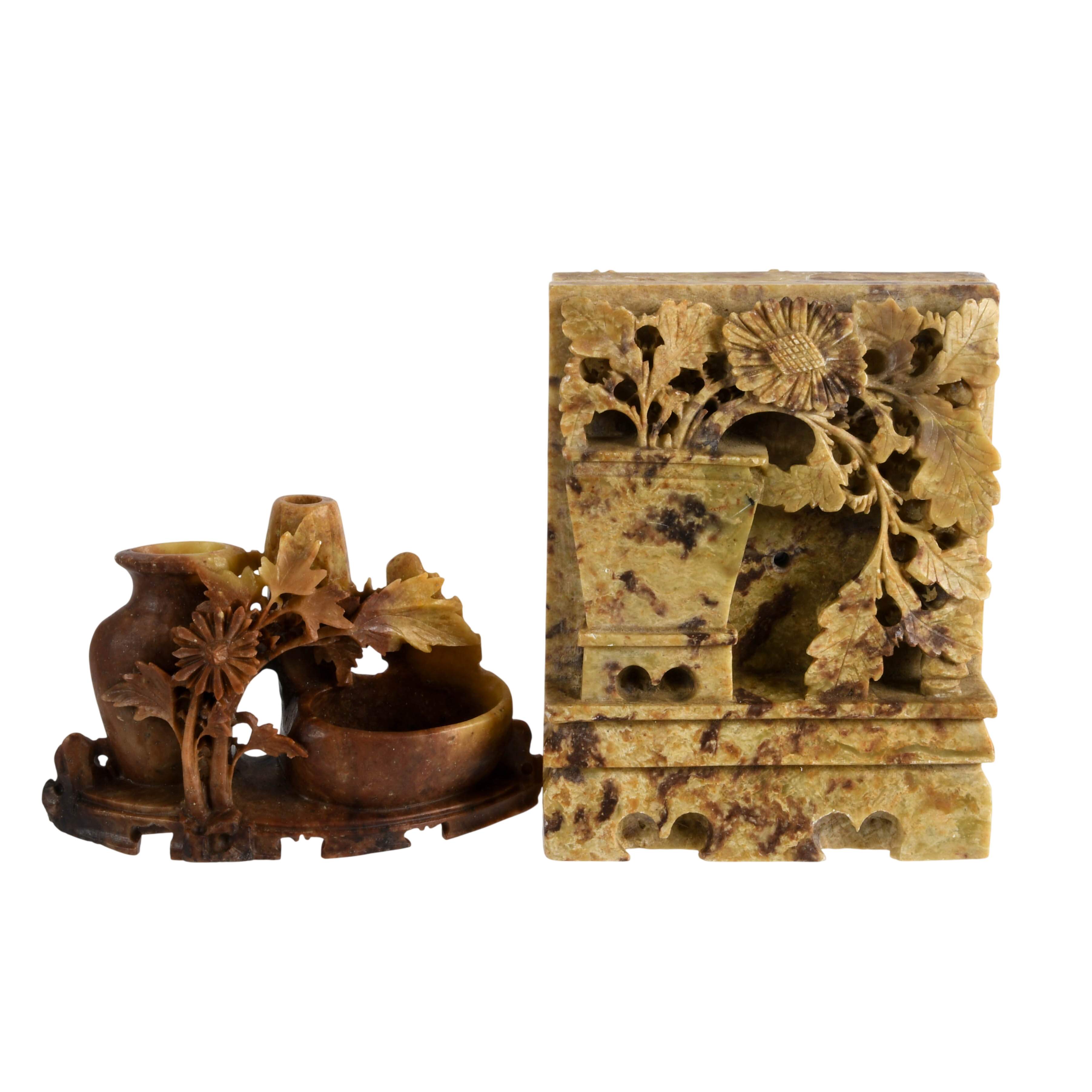 Set of Carved Chinese Soapstone Bookends and Vase Grouping-3