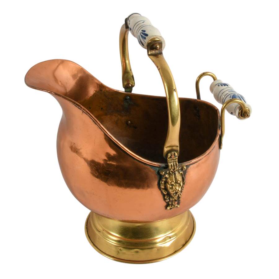 Antique Copper Coal Bucket with Delft Handles-4