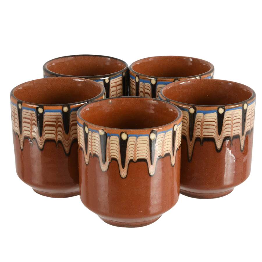 Vintage Bulgarian Sixteen Piece Troyan Drip Glaze Drinkware Set-5