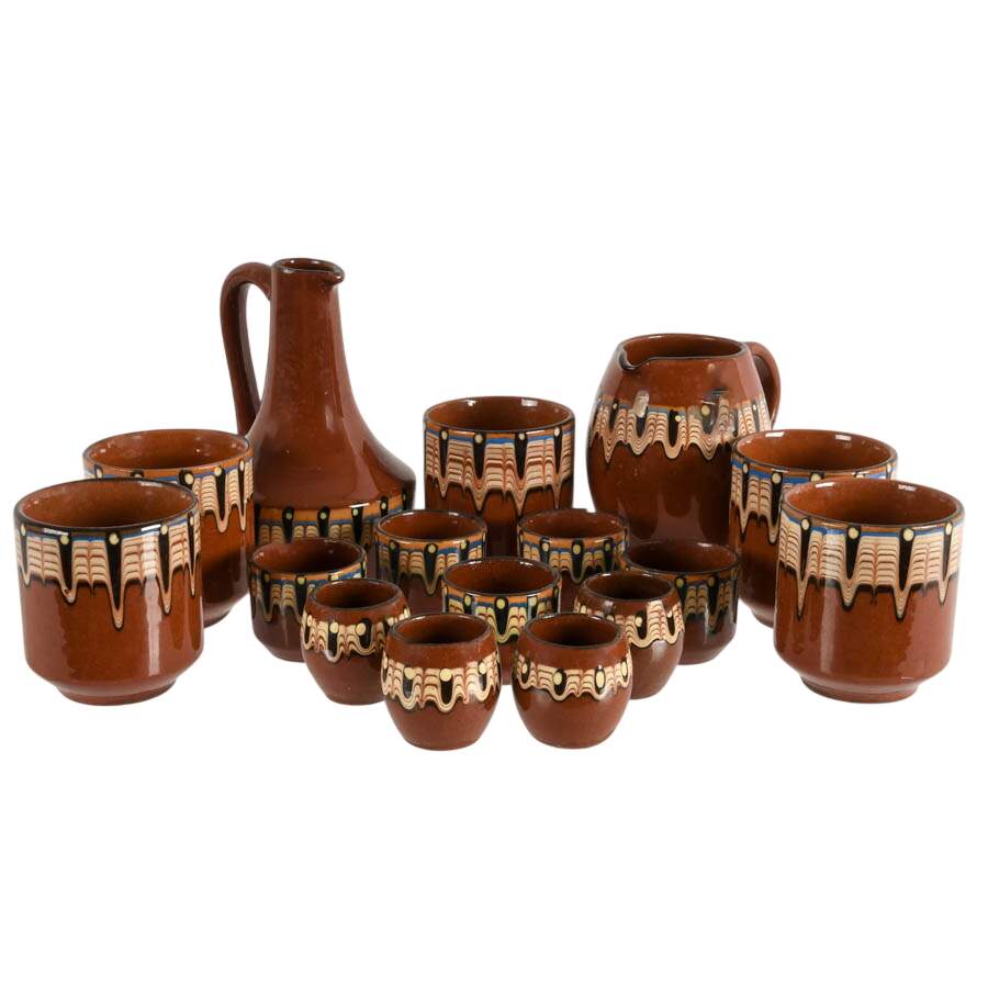 Vintage Bulgarian Sixteen Piece Troyan Drip Glaze Drinkware Set-2