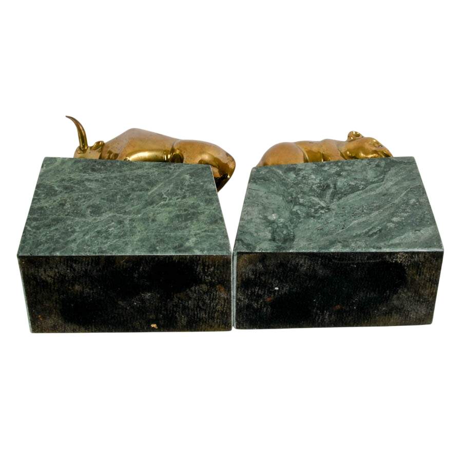 Pair of Art Deco Brass and Green Marble Bull and Bear Bookends-6