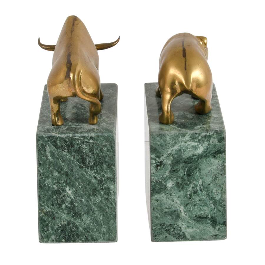 Pair of Art Deco Brass and Green Marble Bull and Bear Bookends-3