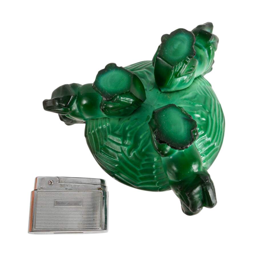 Art Deco Malachite Glass Ashtray by Curt Schlevogt and Lighter-8