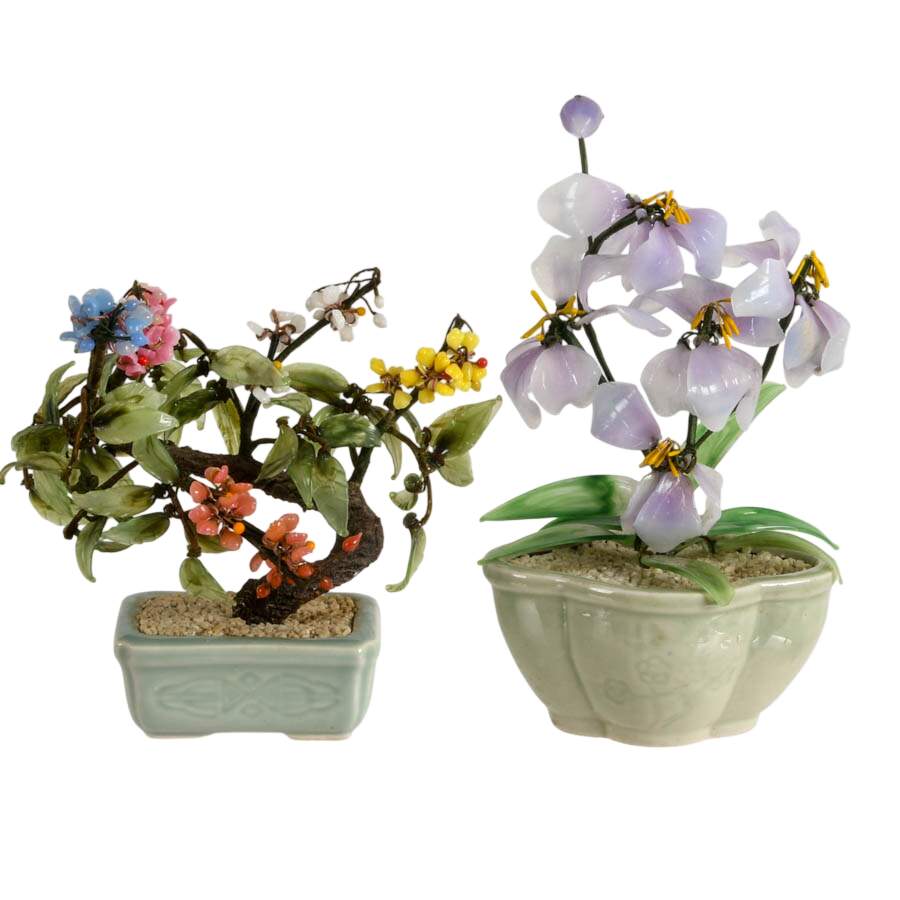 Pair of Chinese Bonsai Jade Tree in Celadon Pots-1
