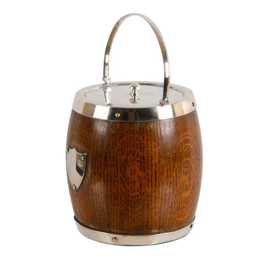 Antique Britannia Plate Nickel Silver English Oak Biscuit Jar-2