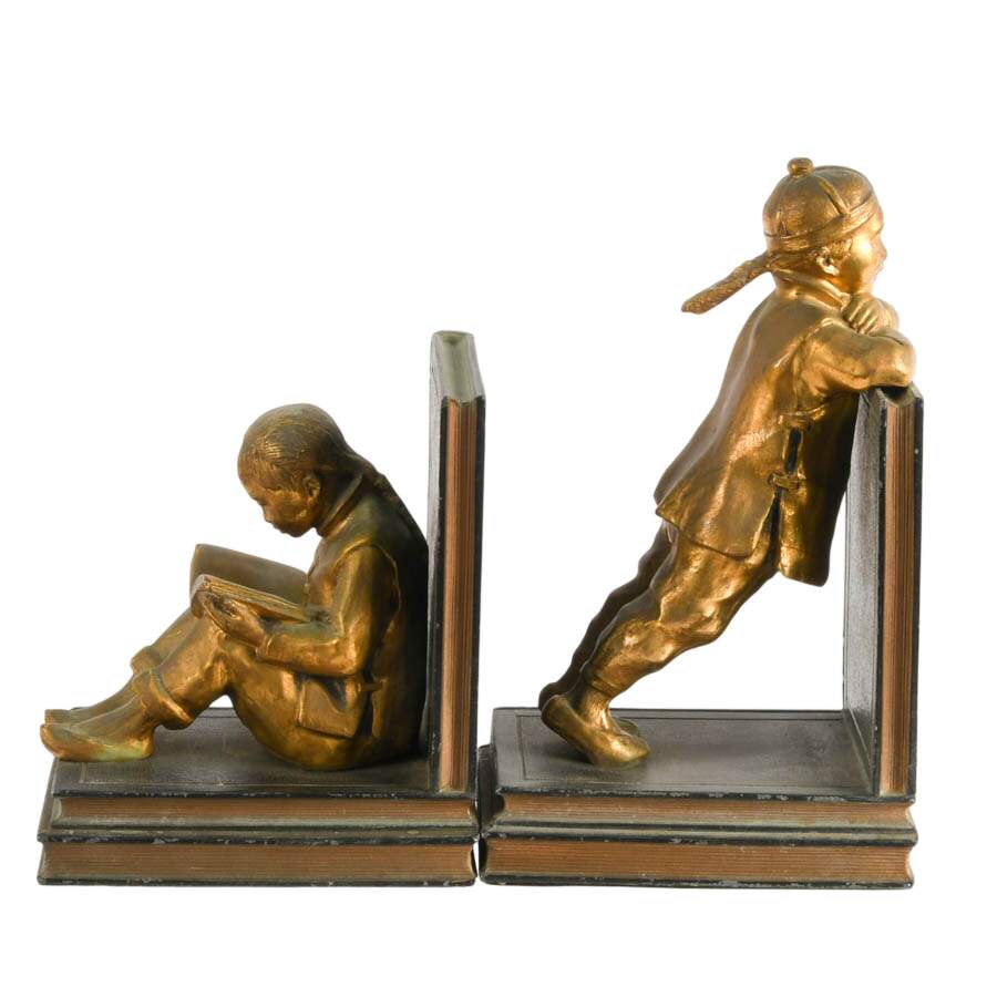 Pair Gilded Metal Clad Chinese Scholar Bookends By Ronson Art Metal Works-4