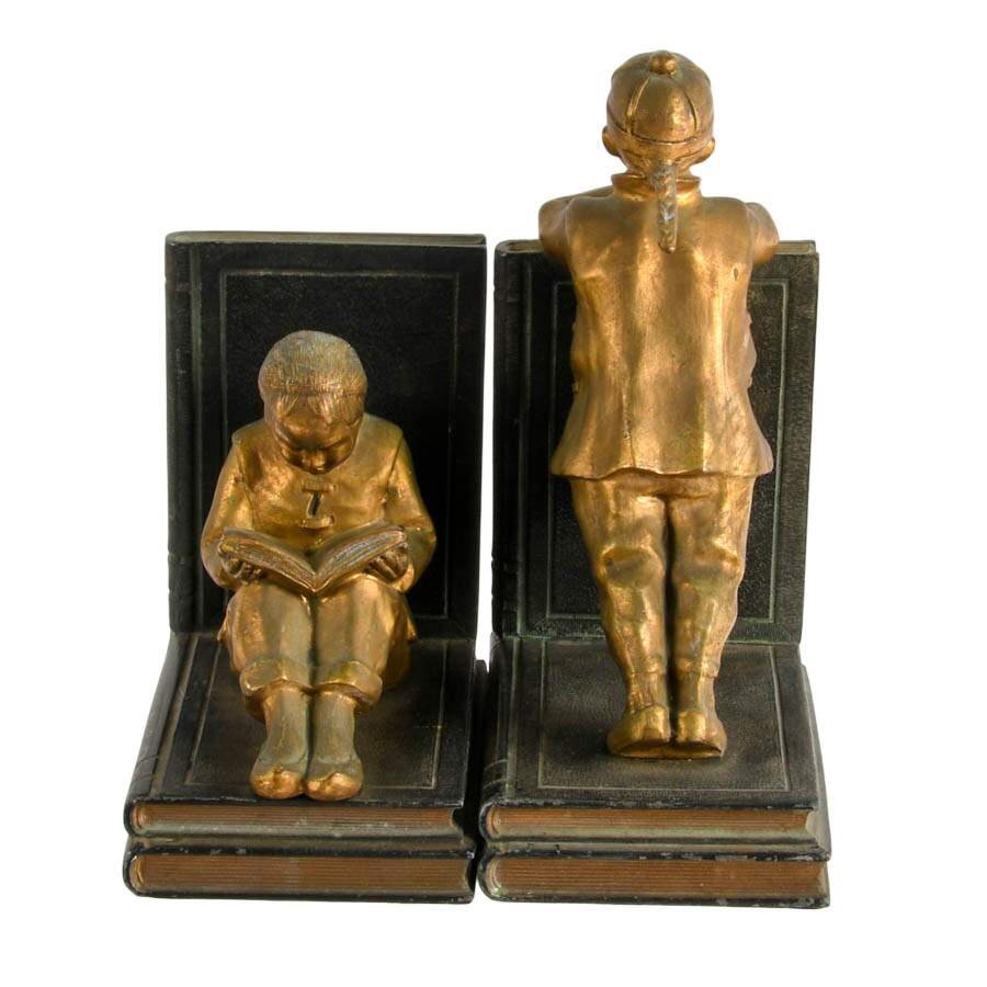 Pair Gilded Metal Clad Chinese Scholar Bookends By Ronson Art Metal Works-2