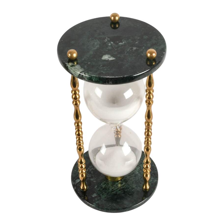 Mid-Century Green Marble Hourglass with Brass Spindles-2