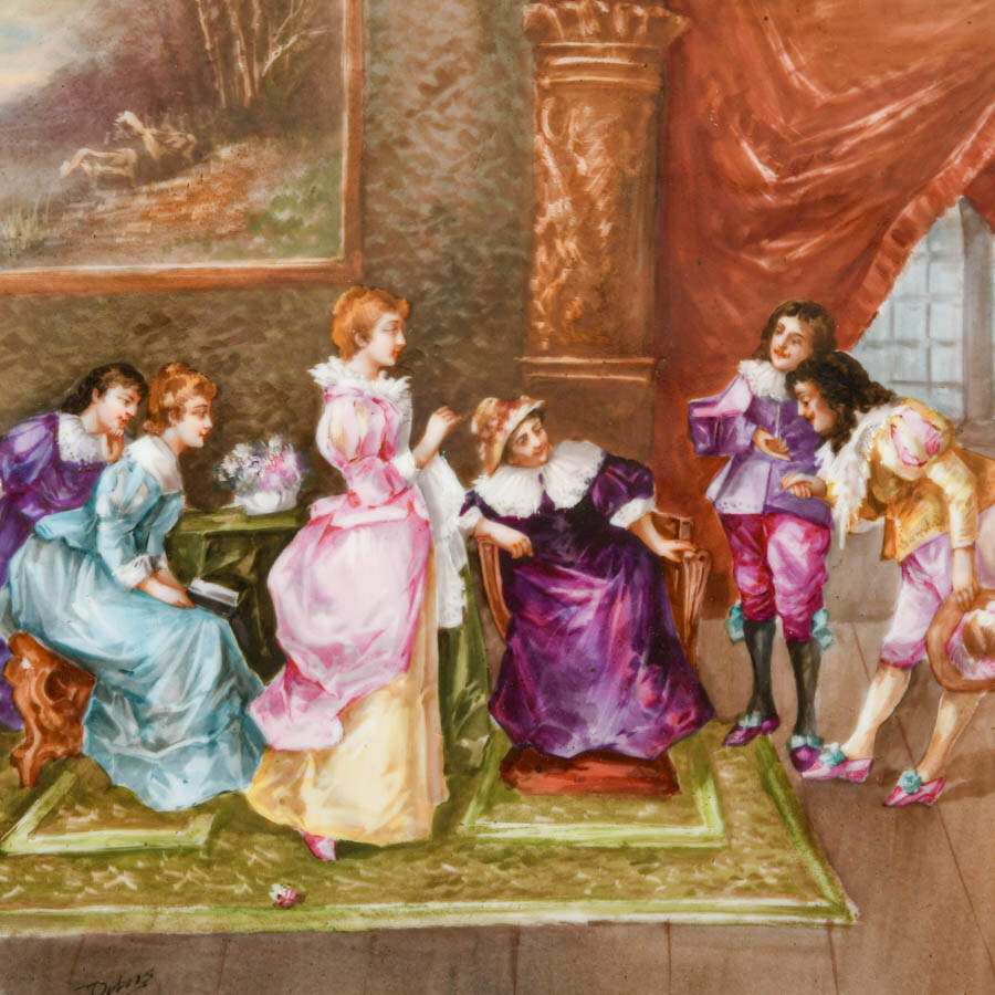 Antique French Limoges Hand-Painted Parlor Scene Hanging Charger Plate-2