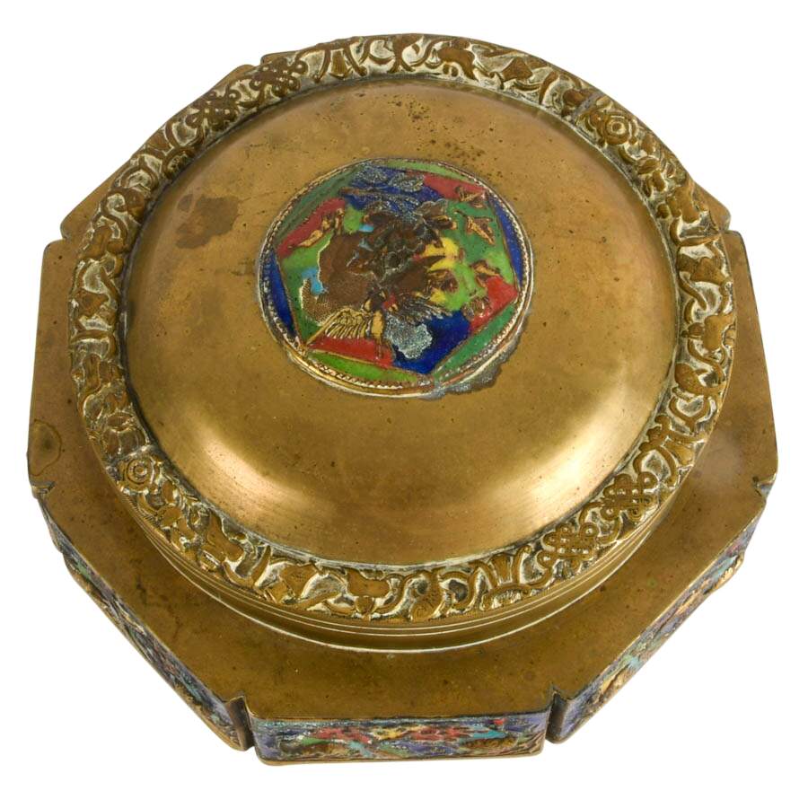 Vintage Chinese Brass and Enamel Tea Caddy-2