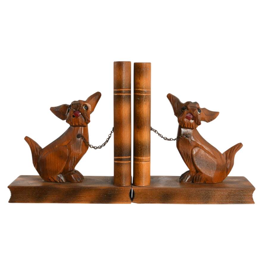 Vintage Hand-Carved Wooden Dog Bookends-3
