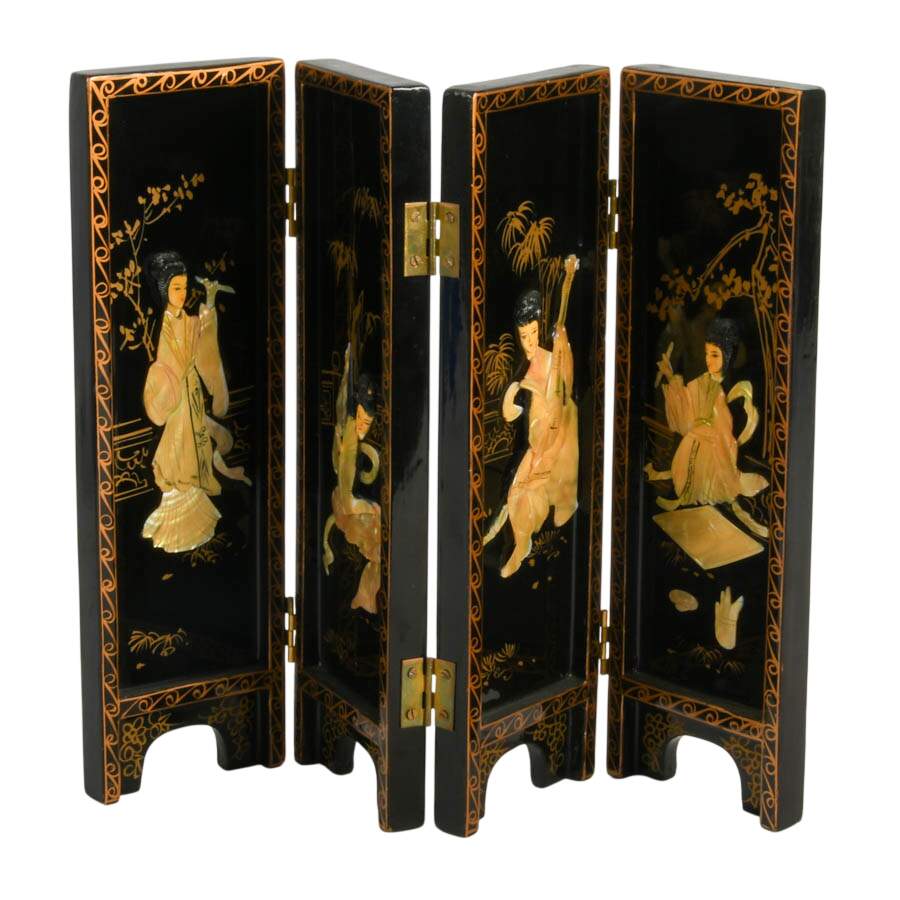 Chinese Hand-Painted Mother of Pearl Four Paneled Desk Screen-3