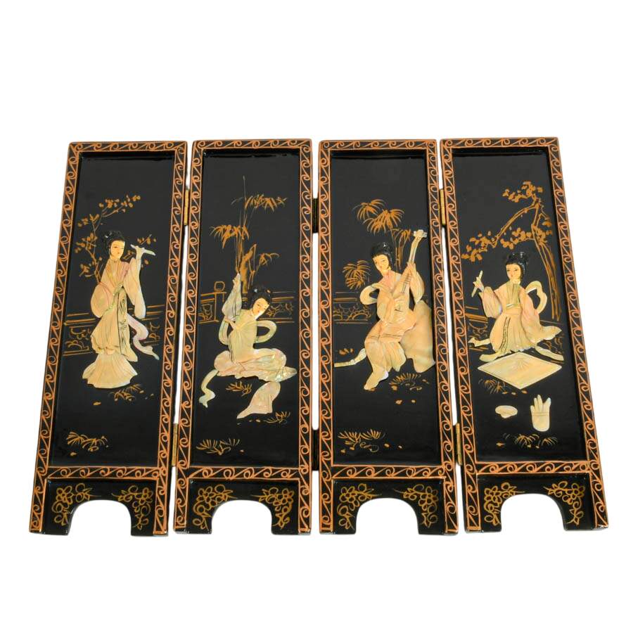 Chinese Hand-Painted Mother of Pearl Four Paneled Desk Screen-2