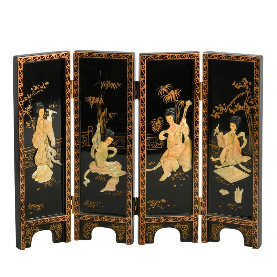 Chinese Hand-Painted Mother of Pearl Four Paneled Desk Screen-1