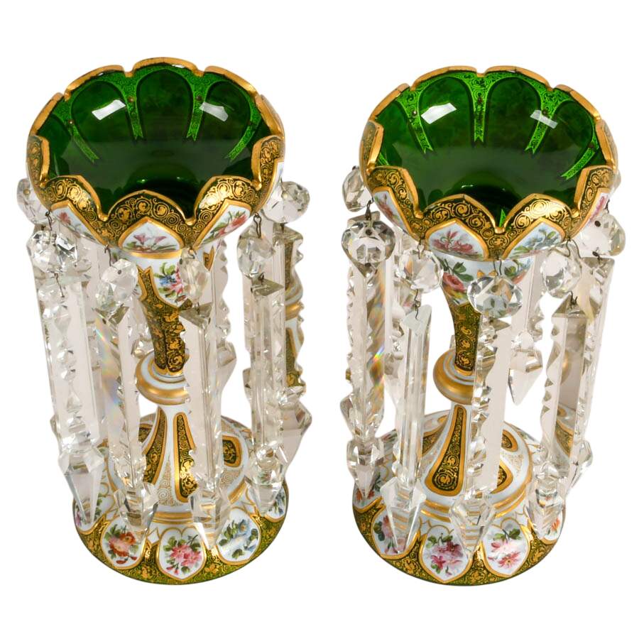 Antique Pair Bohemian Lusters with Crystal Prisms-2