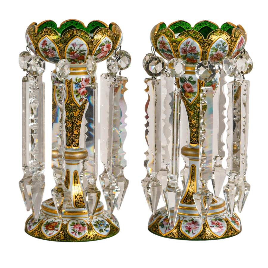 Antique Pair Bohemian Lusters with Crystal Prisms-1