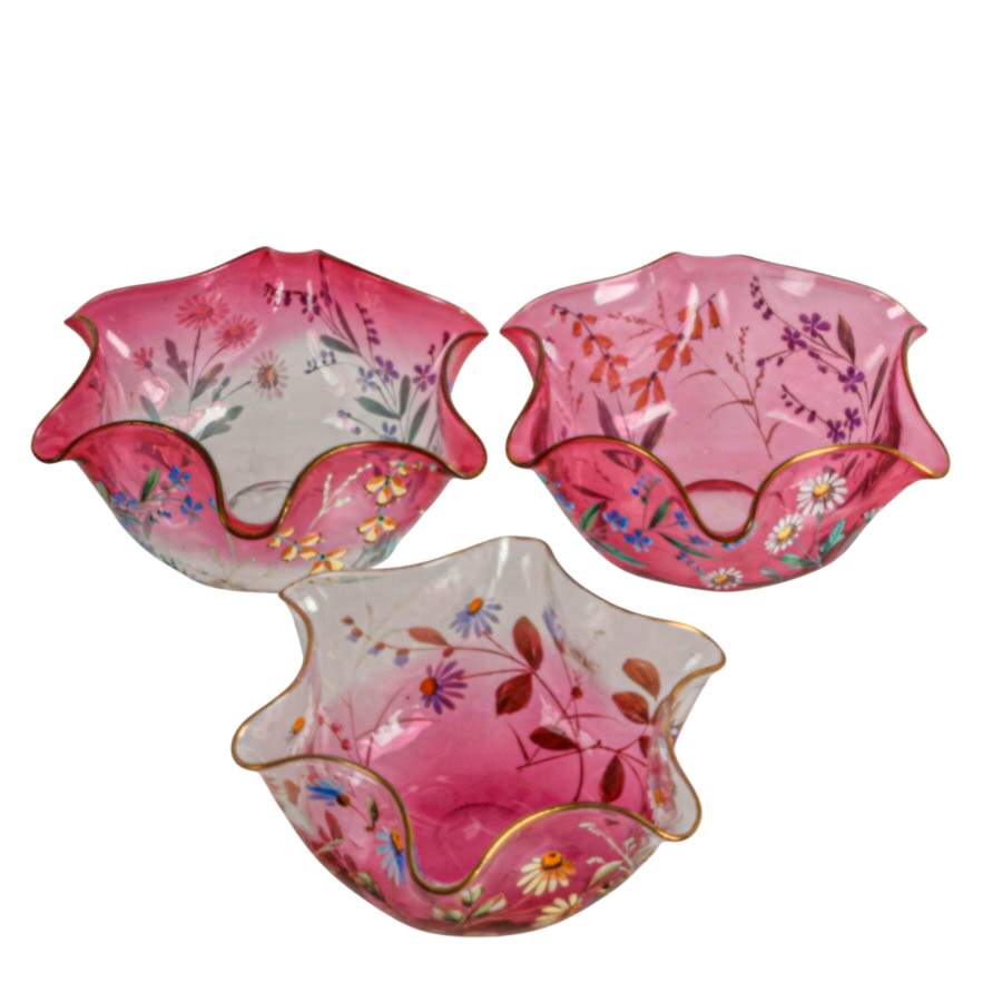 Set of Hand-Painted Floral Bon Bon Glass Bowls-1