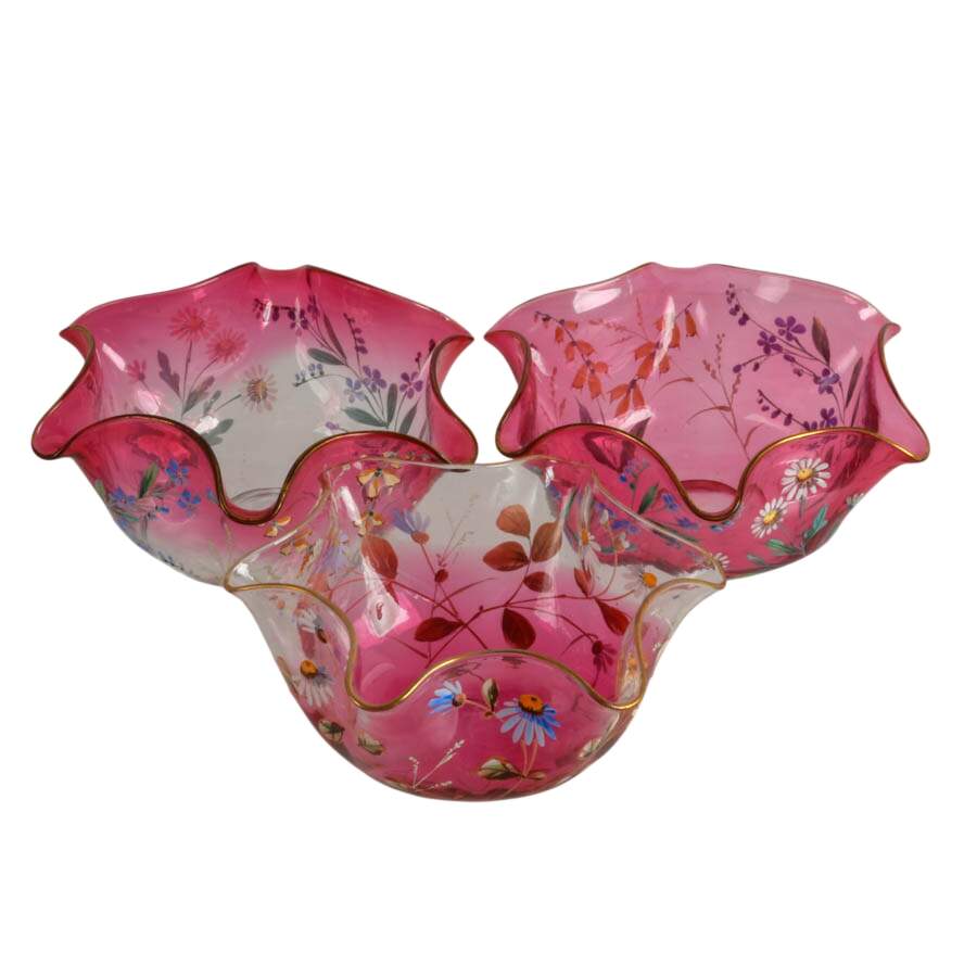Set of Hand-Painted Floral Bon Bon Glass Bowls-2