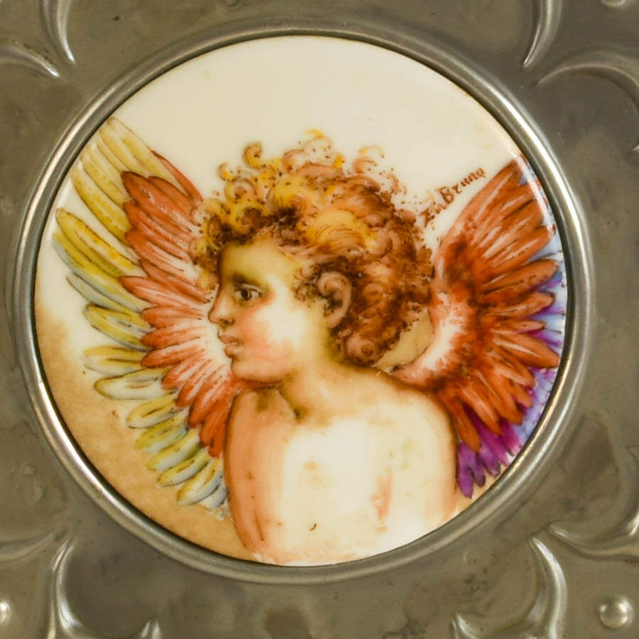 Signed Pair of Hand-Painted Porcelain Cherub Plaques with Embossed Borders-6