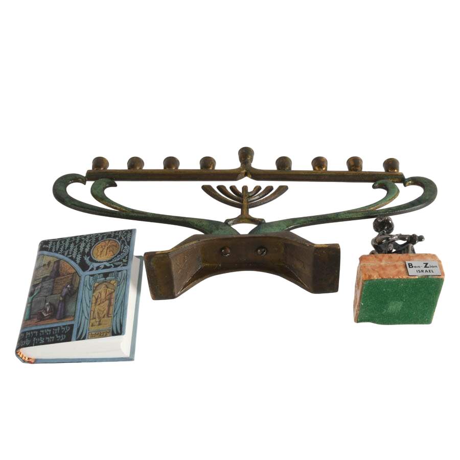 Bronze Menorah with Dual Language Psalm Book and Sterling Ben-Zion Fiddler-13