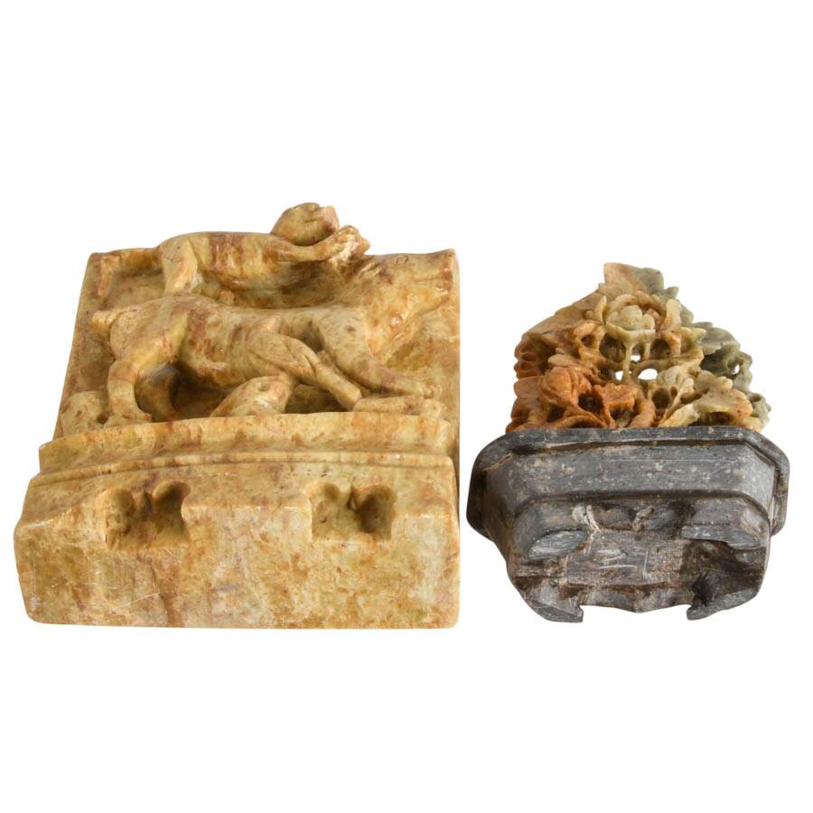 Pair of Chinese Soapstone Items Including a Pun Rebus Carving-9