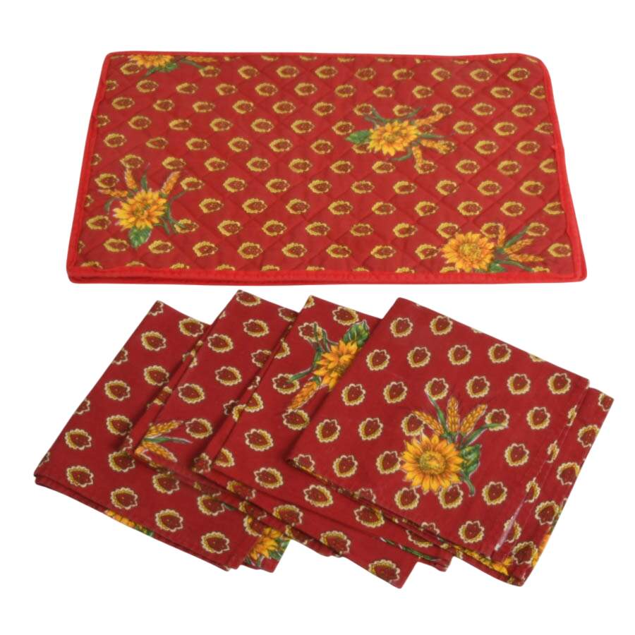 4 Quilted Placemats and 8 Napkins Red Sunflowers by Le Cluny-2