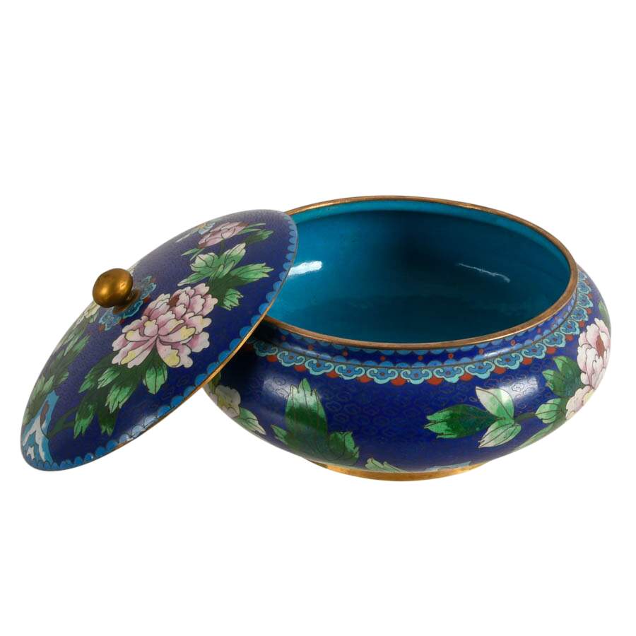Chinese Blue Floral Lidded Cloisonné Bowl-5