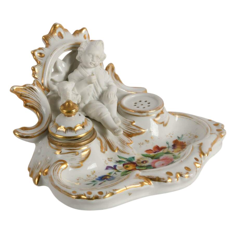 Antique German Porcelain Inkwell Boy with Dog-5