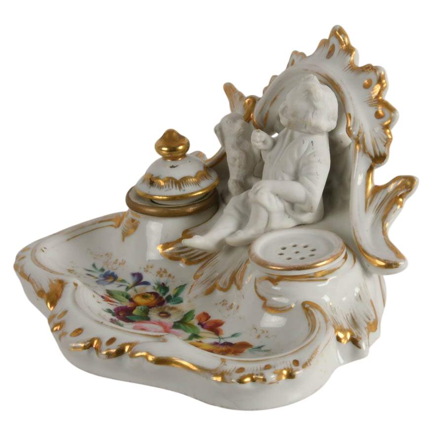Antique German Porcelain Inkwell Boy with Dog-3