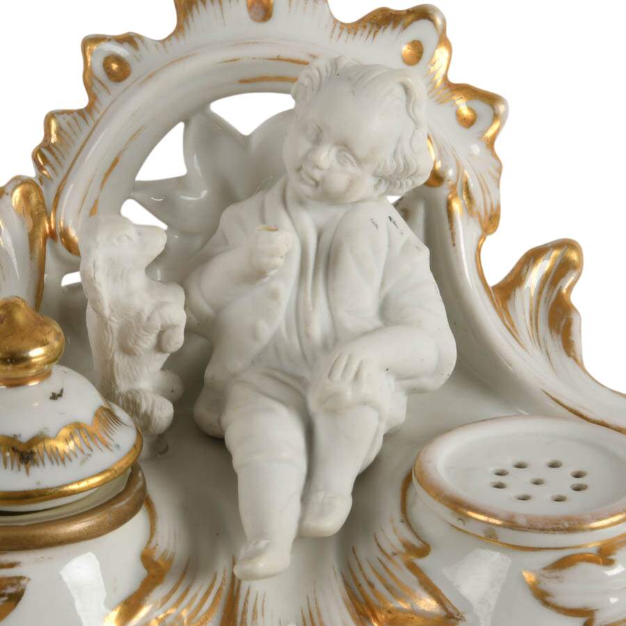 Antique German Porcelain Inkwell Boy with Dog-2