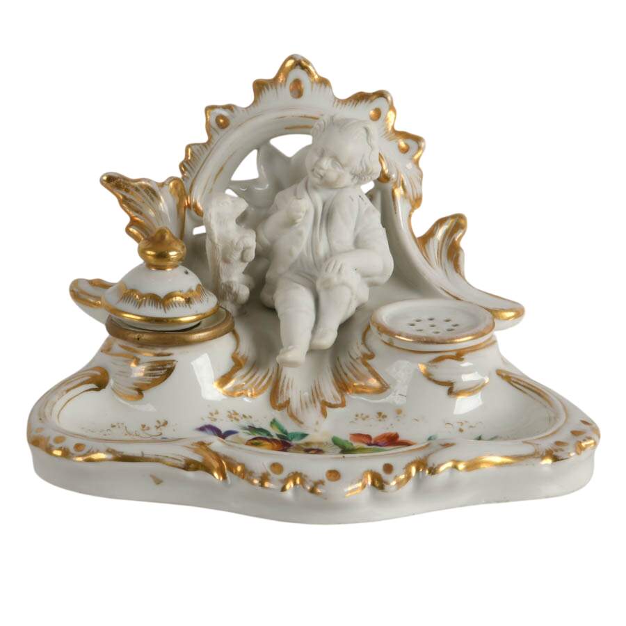 Antique German Porcelain Inkwell Boy with Dog-1
