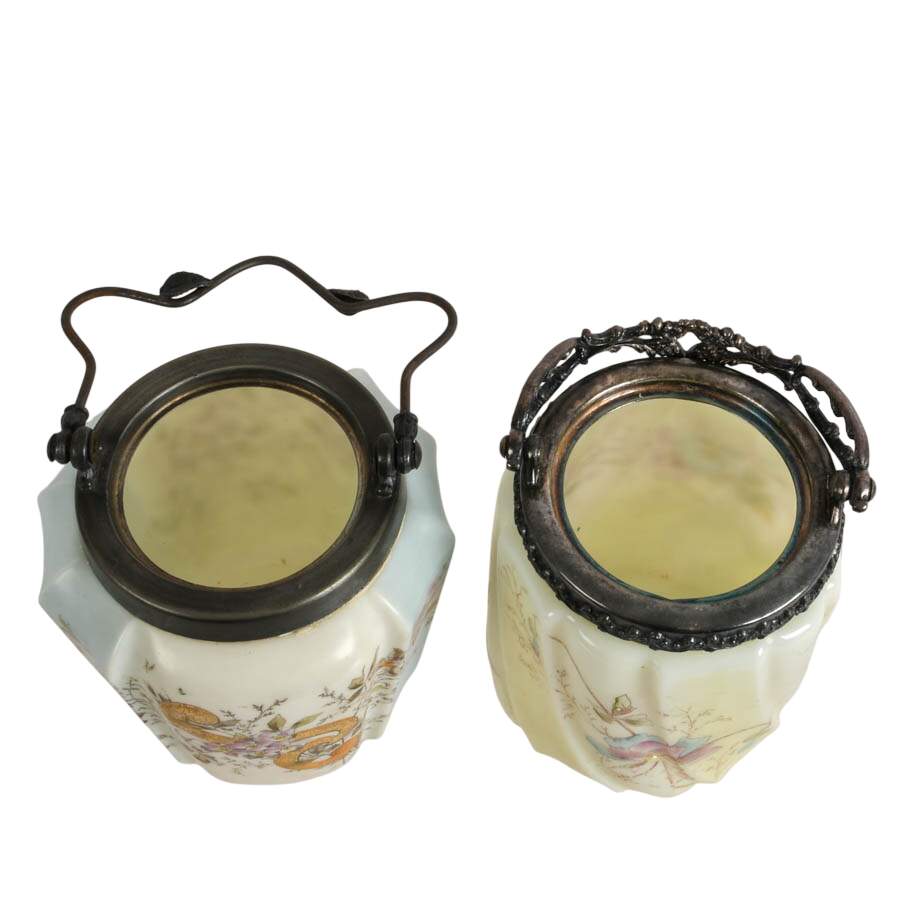 Pair of Wavecrest-Style Floral Hand-Painted Glass Biscuit Jars with Handles-4