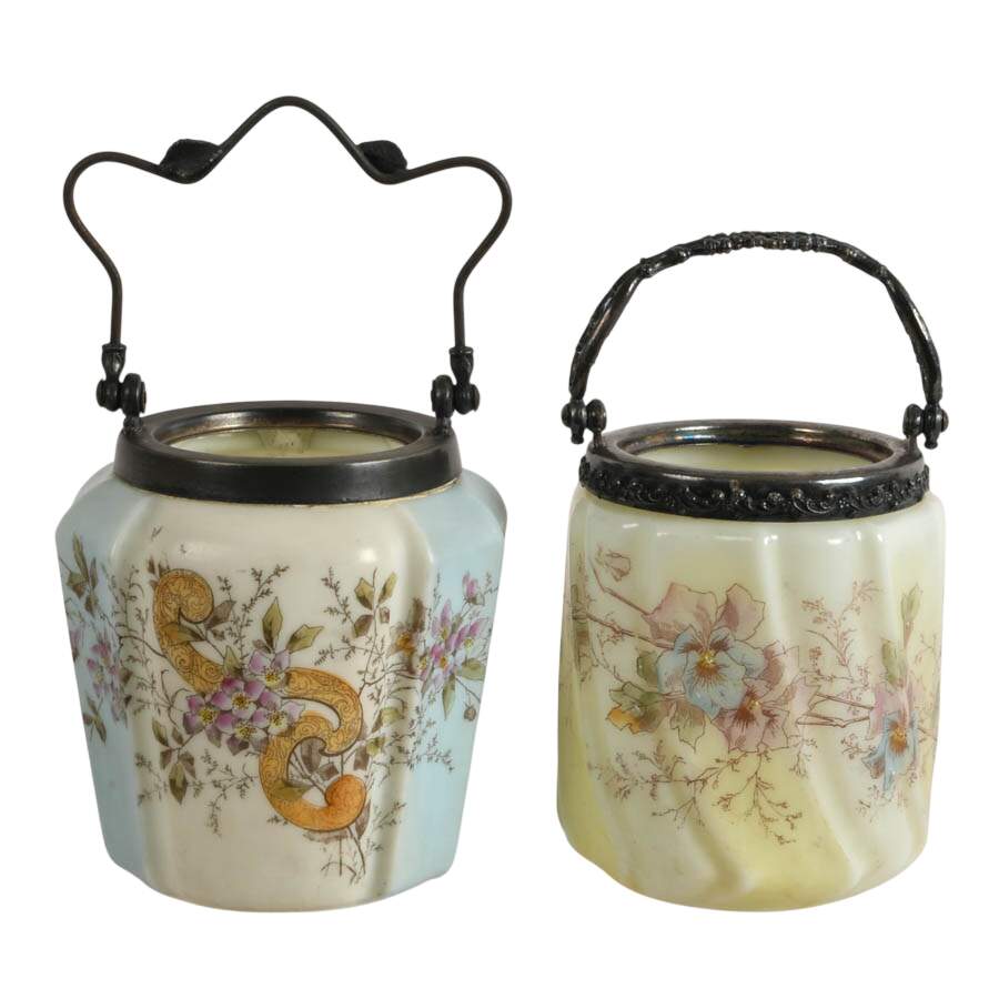 Pair of Wavecrest-Style Floral Hand-Painted Glass Biscuit Jars with Handles-1
