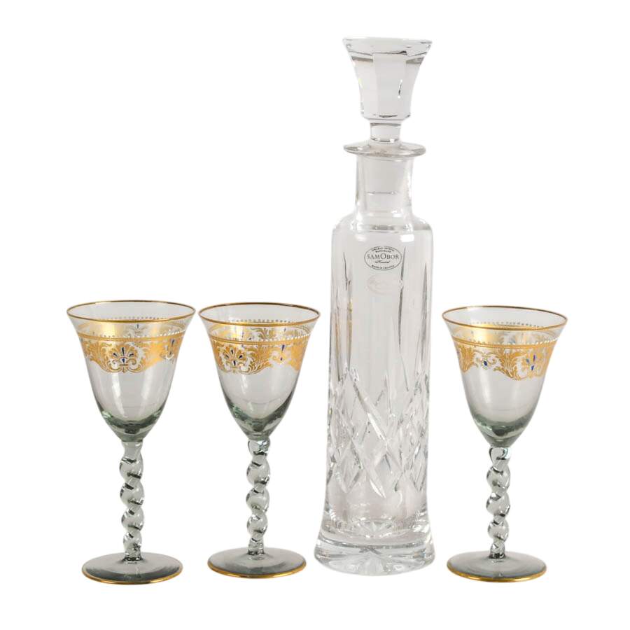 Four-Piece Royal Gallery Cut Lead Crystal Decanter with White Wine Glasses-1