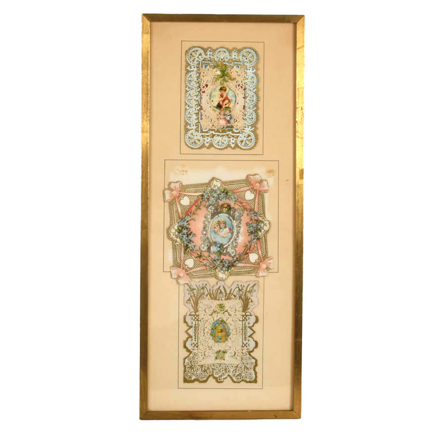 Antique Pair of Framed Handmade Ephemera Wall Décor-2