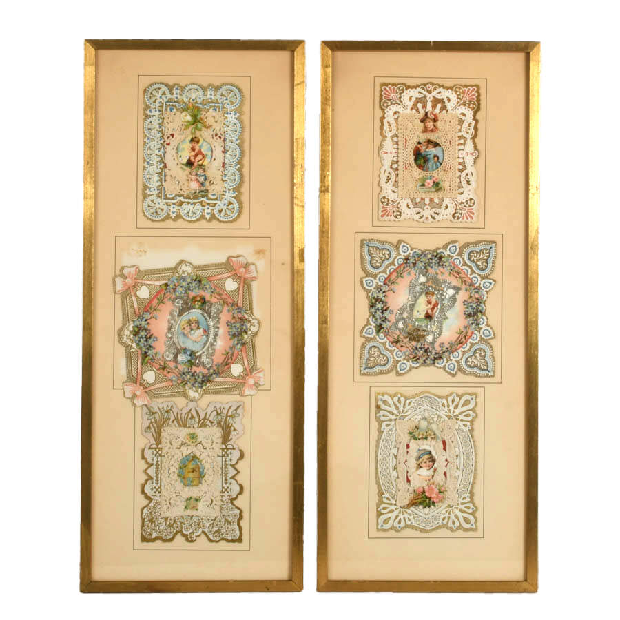 Antique Pair of Framed Handmade Ephemera Wall Décor-1