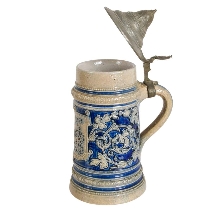Antique German Westerwald Prosit Pottery Beer Stein with Pewter Lid-4