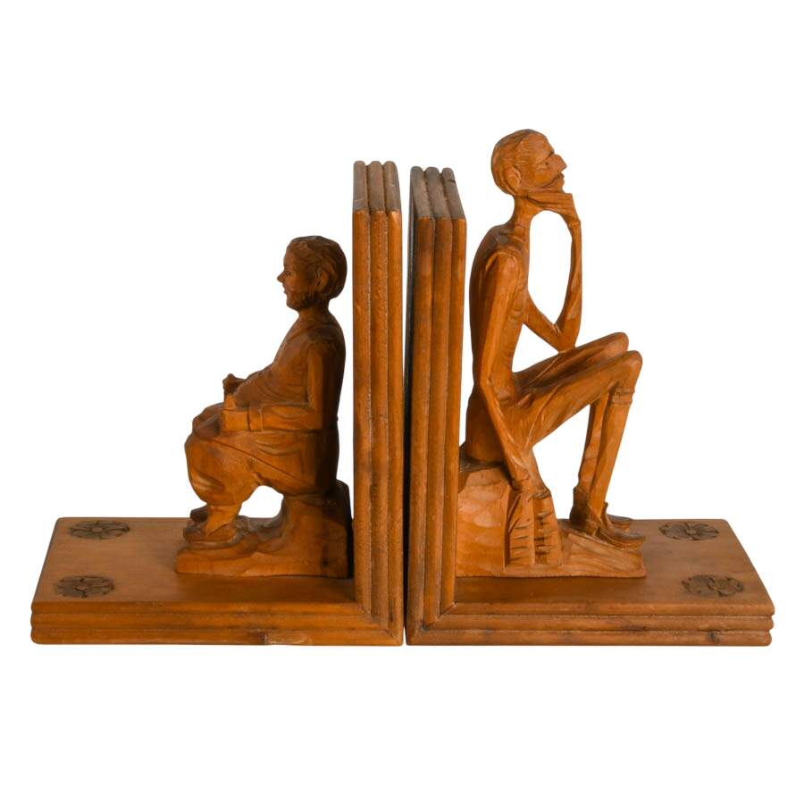Pair of Carved Wood Don Quixote and Sancho Panza Figural Bookends-4