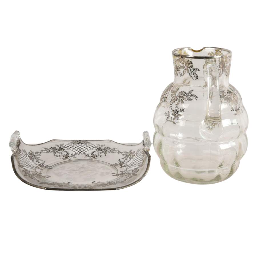 Art Nouveau Floral Silver Crystal Cake Plate and Pitcher Set-3