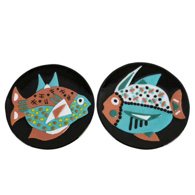 Pair of Signed Fused Glass Fish Wall Plates-1