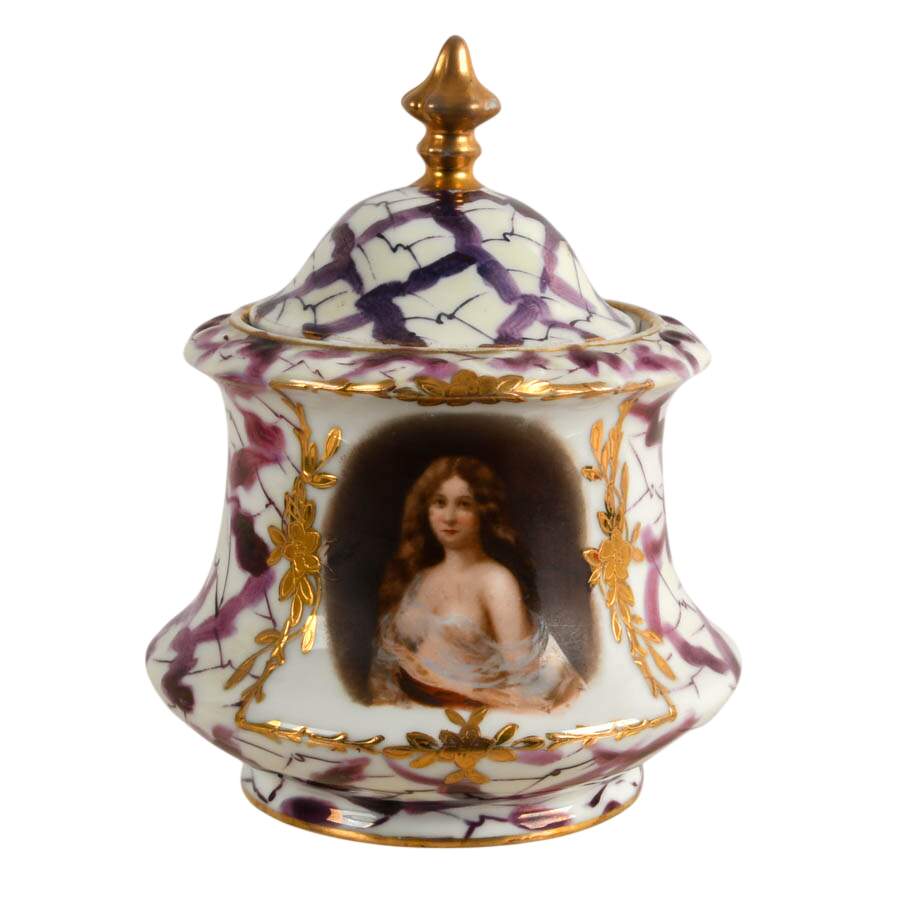 Victoria Austria Gilt Porcelain Biscuit Jar with Lady's Portrait-1